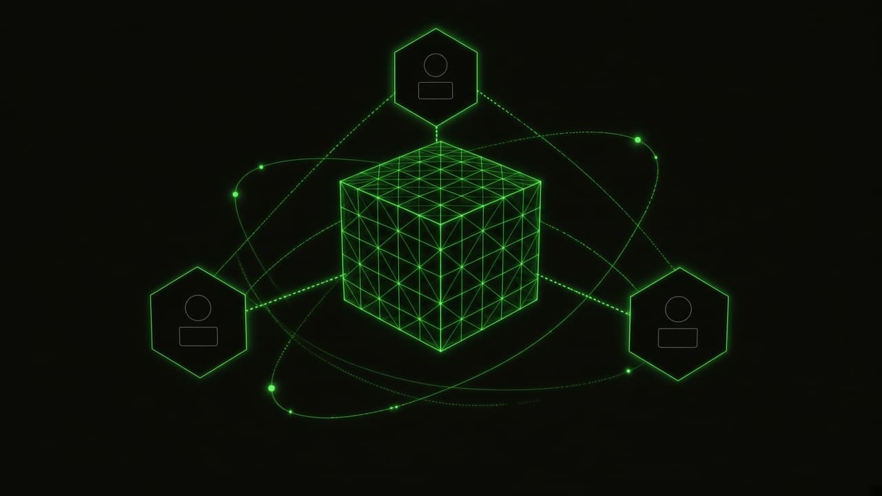 Wireframe cube with hexagonal nodes on black.