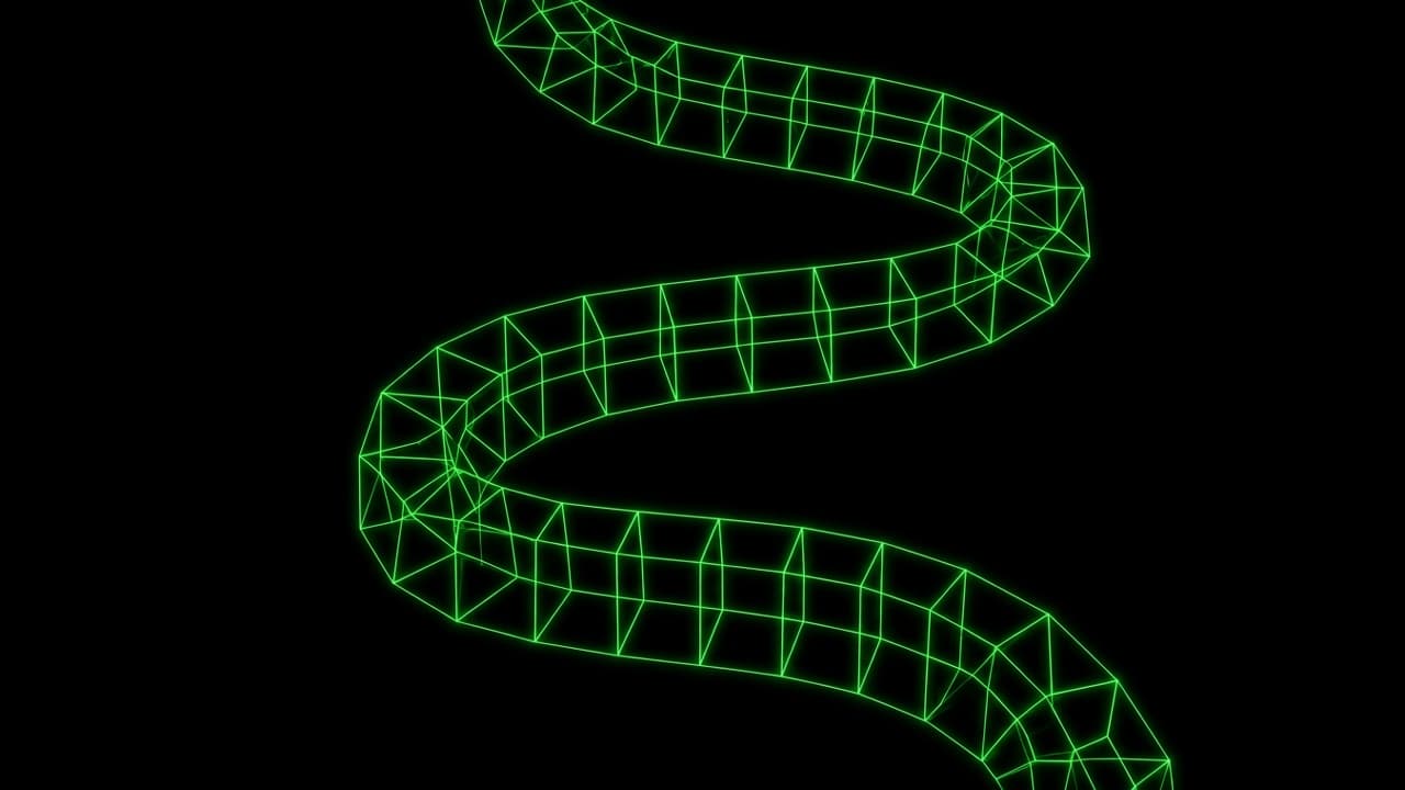 Square-section neon wireframe S-curve.