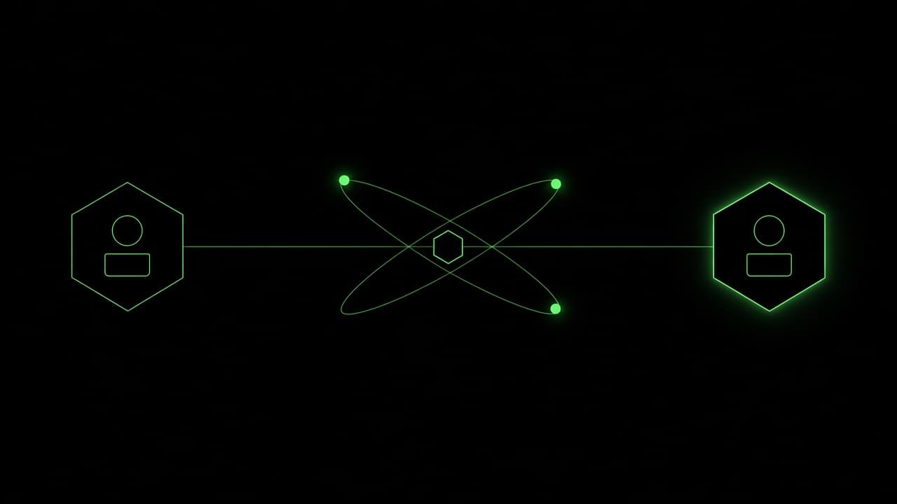 Orbiting wireframe diagram between two nodes.