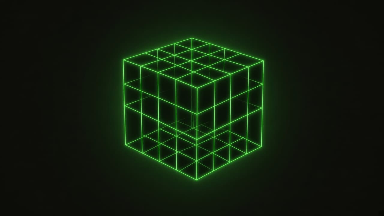 Wireframe cube on black.