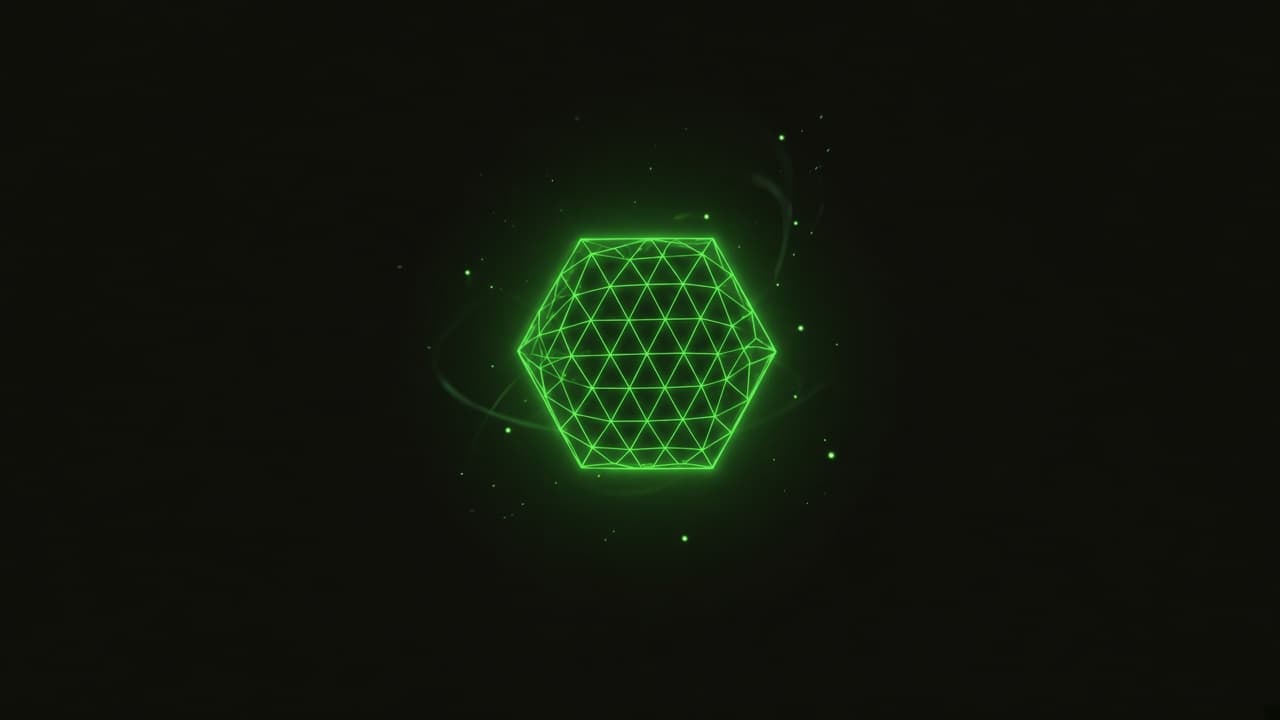 Wireframe hexagonal token on black.